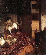 Jan Vermeer A Woman Asleep at Tablec oil